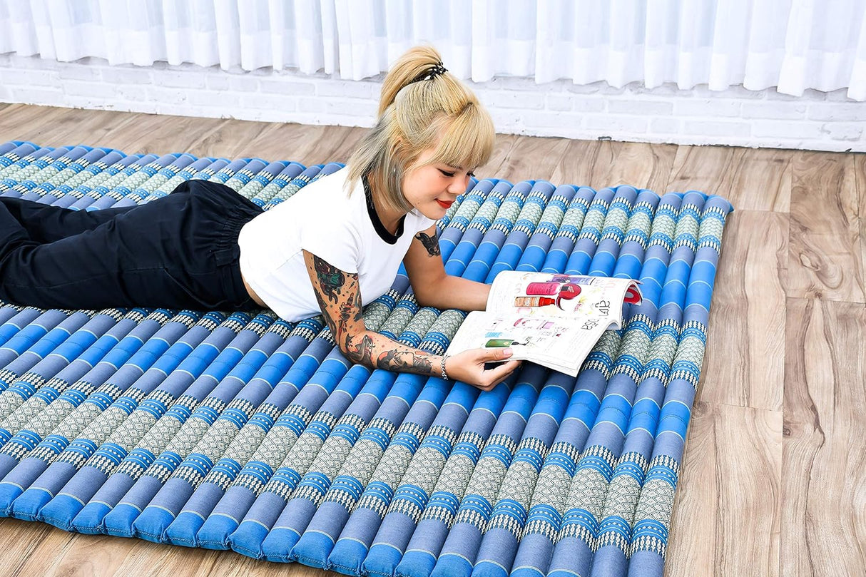 BLUE Roll Out Mattress Foldout Mat LARGE relaxation, day bed, camping or Yoga Matt Natural Kapok Filled_ 150 x 200 cm