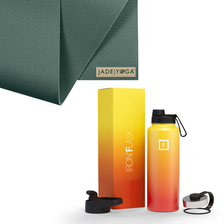 Jade Yoga Harmony Mat - Jade Green & Iron Flask Wide Mouth Bottle with Spout Lid, Fire, 32oz/950ml Bundle